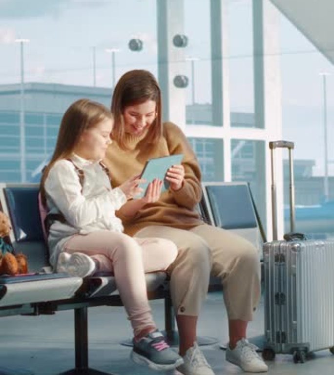 垂直屏幕。机场航站楼: 美丽的妈妈和可爱的小女儿等待度假航班，使用数字平板电脑进行电子学习。航空枢纽