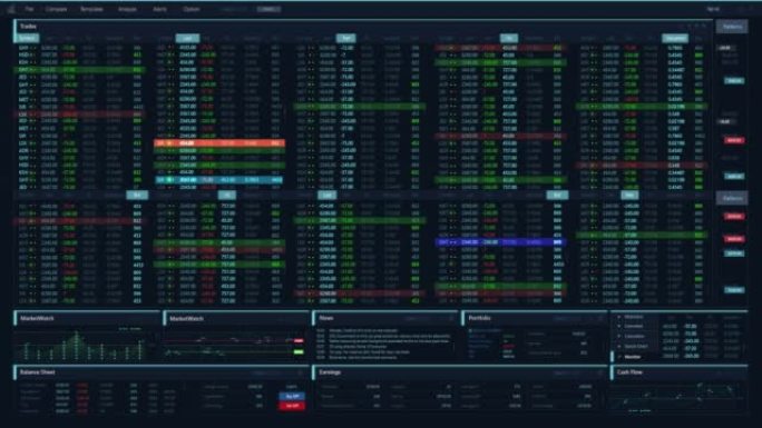 具有通用图形，实时数据，股票代码的金融股票市场软件模型。带有多个窗口的黑色监控界面。计算机显示器和笔