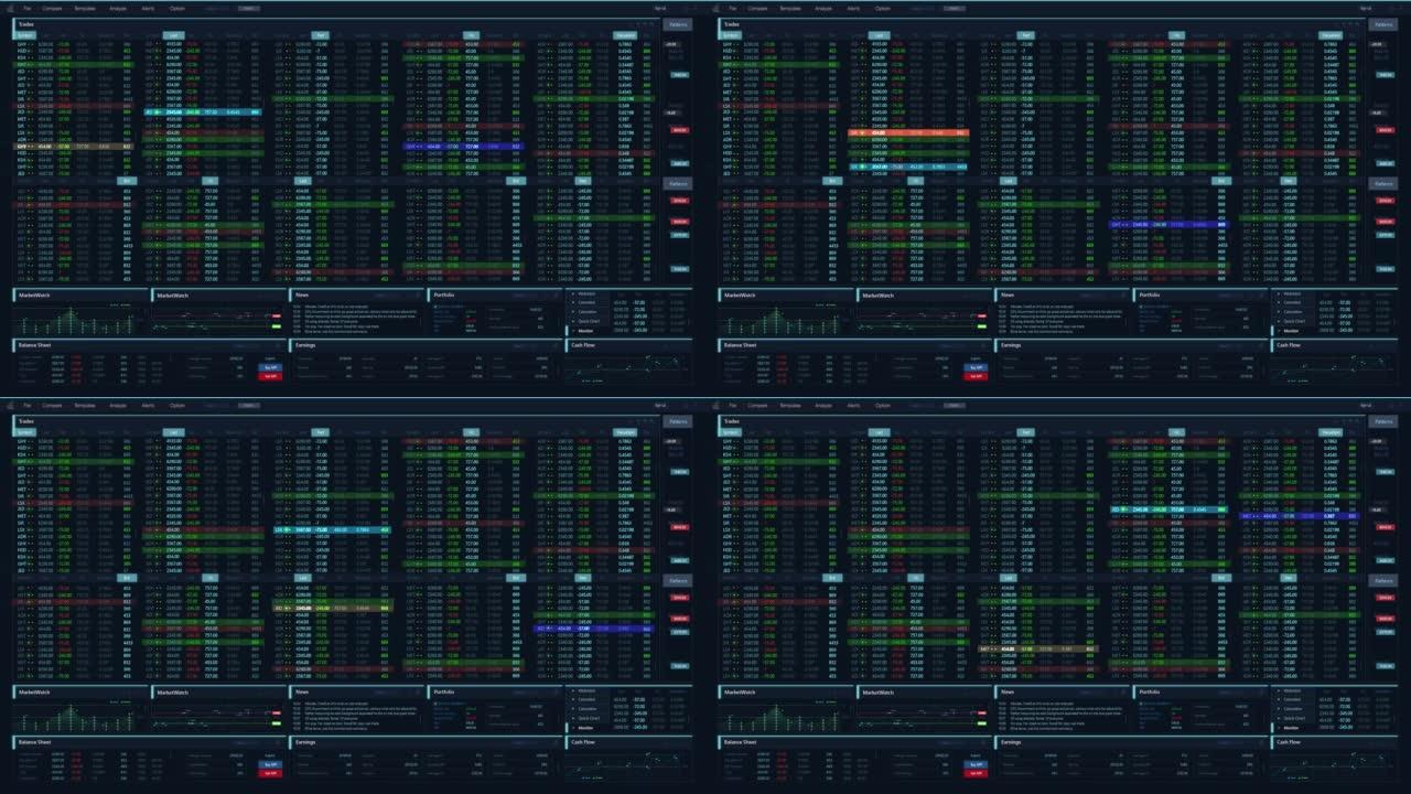 具有通用图形，实时数据，股票代码的金融股票市场软件模型。带有多个窗口的黑色监控界面。计算机显示器和笔