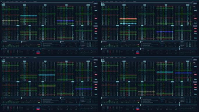 具有通用图形，实时数据，股票代码的金融股票市场软件模型。带有多个窗口的黑色监控界面。计算机显示器和笔