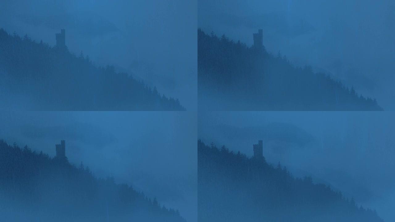大雨和薄雾中的山坡上的城堡