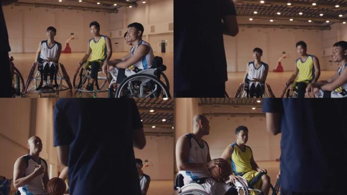 教练和轮椅篮球运动员在战略会议上。