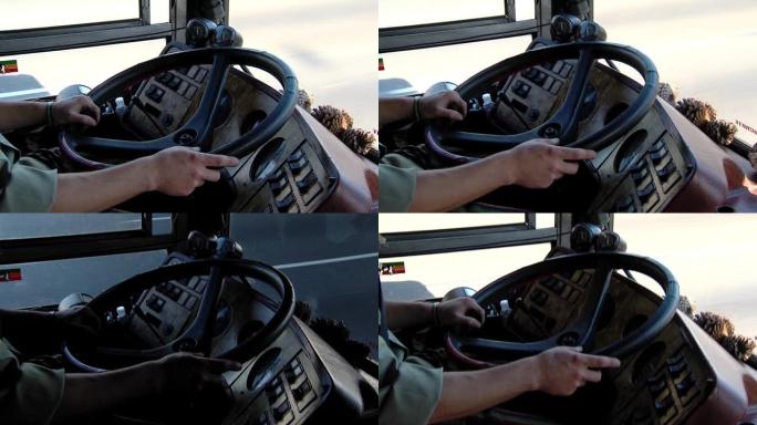 在布宜诺斯艾利斯驾驶客车的男子。机舱中方向盘的特写镜头。