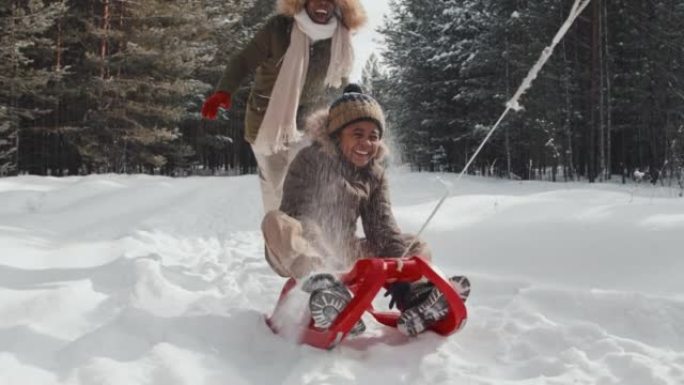 冬季快乐的男孩雪橇