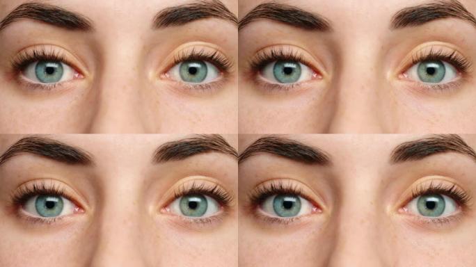 绿色的眼睛，女人和微光的眉毛头发，以美容和护肤的人的脸。变焦视力和视力健康与自然睫毛化妆看视觉眼球解