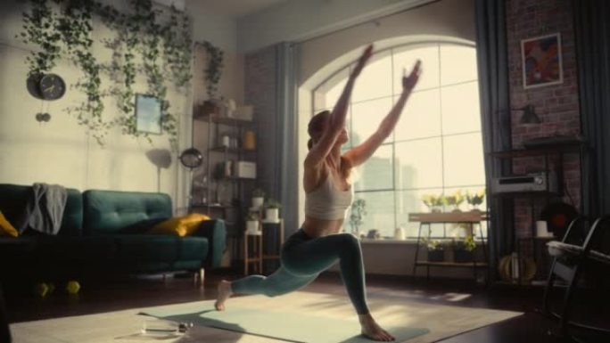 运动年轻女性早上在家里阳光明媚的房间里锻炼、伸展和做瑜伽。穿着运动服的美女在垫子上练习不同的体式姿势