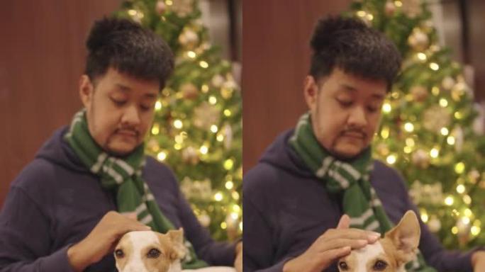 一位亚洲男主人的垂直视频轻轻地拍了拍他的狗。