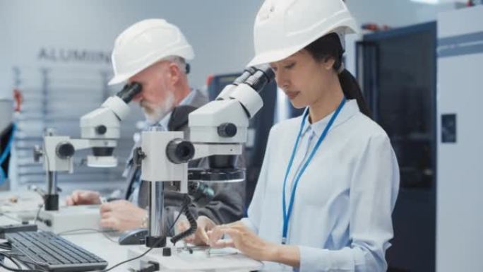 现代技术概念: 两位科学家通过显微镜检查小型工业设备零件。技术人员测试新工厂组件的质量。