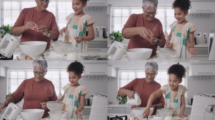祖母和孩子在家庭厨房烘烤，烹饪和制作蛋糕，甜点和自制饼干或饼干。可爱，有趣，小女孩帮助老年人，结合并