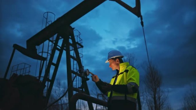 SLO MO石油工人使用智能手机从泵的压力表输入数据