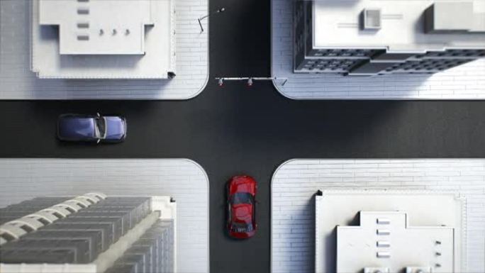 自动驾驶汽车连接交通信息控制系统，避开十字路口的汽车，俯视图，4k动画。