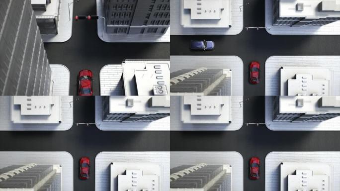 自动驾驶汽车连接交通信息控制系统，避开十字路口的汽车，俯视图，4k动画。