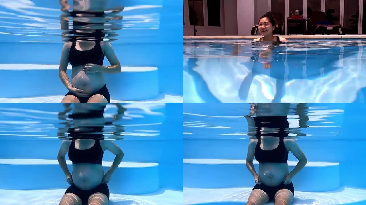 水下景观亚洲中国孕妇周末坐在游泳池的台阶上放松享受