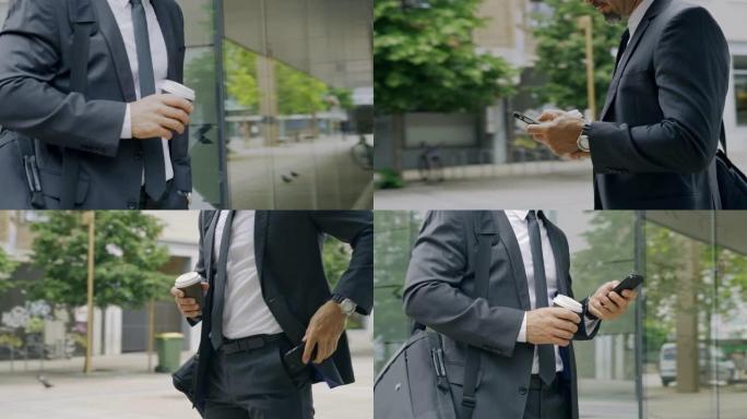 SLO MO商人在办公室外面喝咖啡时使用智能手机