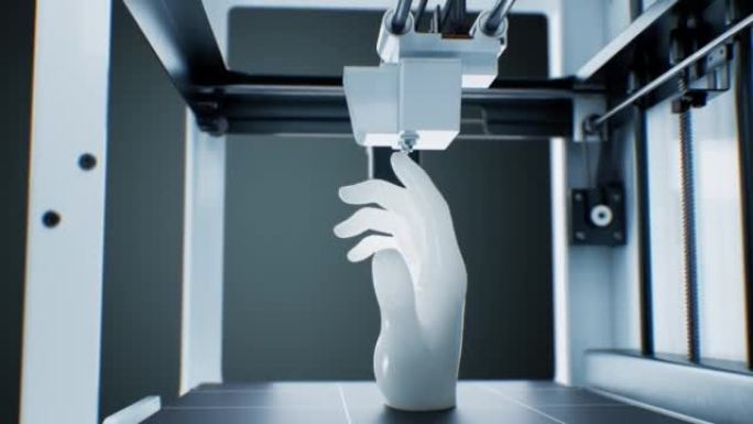 机器人触摸3d打印机中的打印人手。抽象机器接触美丽的3d动画。人工智能数字化未来数控机床概念。