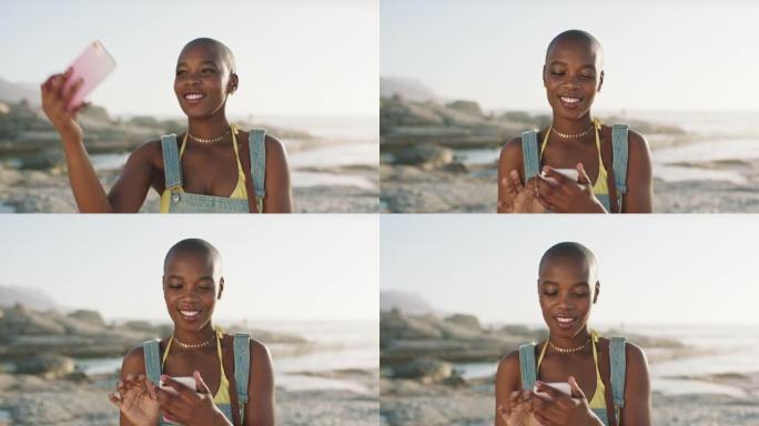 黑人妇女，手机自拍和happy on beach进行内容创作，社交媒体帖子或在线更改个人资料图片。夏