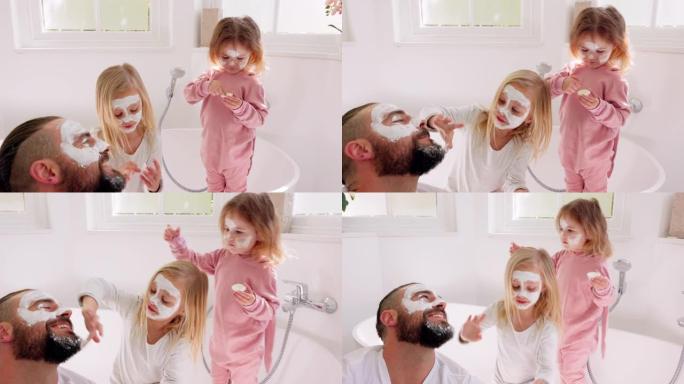 在房子的浴室里，口罩、粘合和女童与他们的父亲一起享受奢华的健康、美容和护肤。水疗、面部护理和微笑的爸
