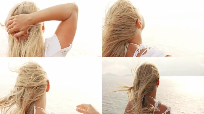 意大利撒丁岛沿岸的金发女人的景色。