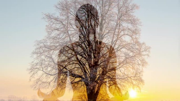 WS两次曝光拍摄一名女子在日落时在一棵树的背景上冥想