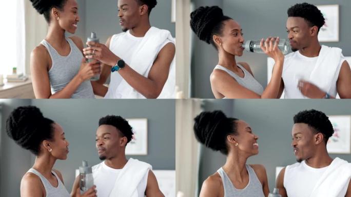 健身，健康和幸福的夫妇在一起健康运动，训练和锻炼后喝水。微笑，黑人妇女和非洲人喜欢健康，平衡和积极的