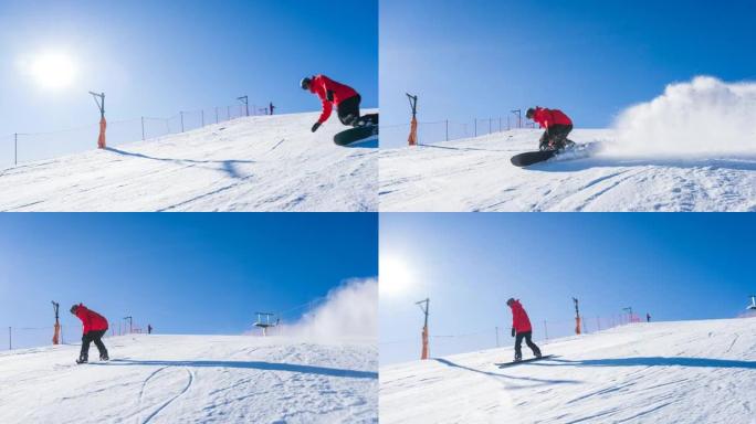 滑雪者在田园诗般的滑雪坡上雕刻，喷洒积雪