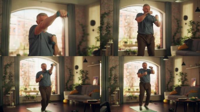 强壮的运动健康的高级男子在阳光明媚的公寓在家晨练时用哑铃做有氧核心强化练习。健身和娱乐概念。缩小镜头