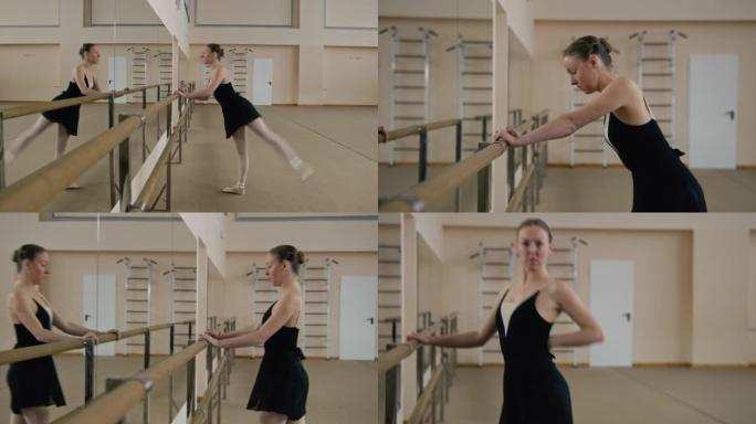 芭蕾舞女演员在芭蕾巴雷附近伸展腿部和身体