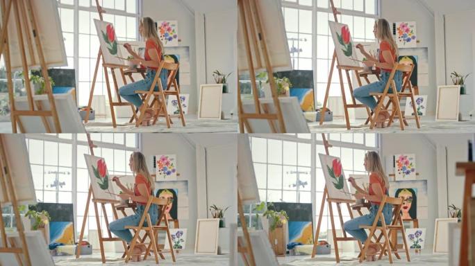 年轻的女画家在工作室里在画布上画彩画。一位严肃的女性在车间用画笔画一朵花。女人在商店画玫瑰的图像