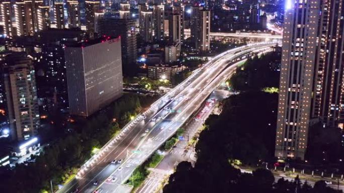 杭州夜间高架路鸟瞰图