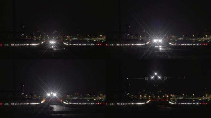飞机在夜间在机场跑道上起飞