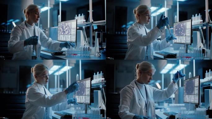 医学研究实验室: 使用微量移液器分析样品的女性科学家肖像。医学，生物技术，疫苗开发高级科学实验室