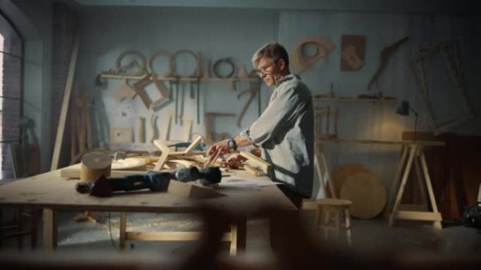 工匠家具设计师戴上眼镜，阅读蓝图并开始组装木椅的腿。时尚的木匠在阁楼空间的工作室工作，墙壁上有工具。