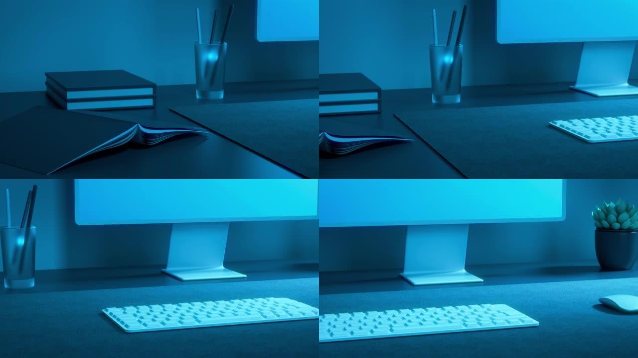 蓝灯下整块旁边桌子上的键盘