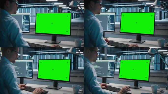 高科技数据中心服务器: 在绿屏色键计算机上工作的IT专家管理员。监控网络服务、云计算、分析设施、维护