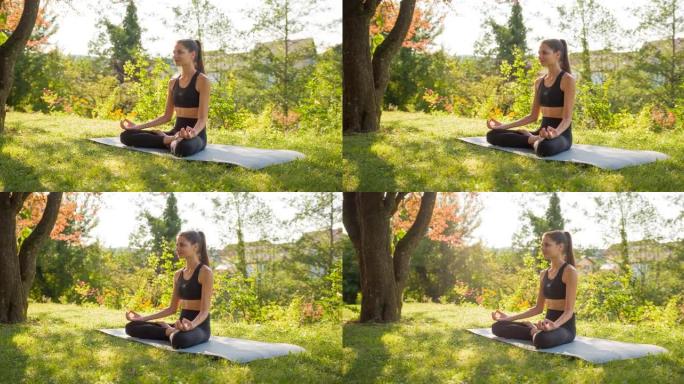 身体意识强的女人保持健康，在后院户外练习瑜伽