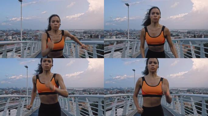 黑人妇女，跑步者和运动员在城市进行心血管运动训练，在桥上跑步和身体健康锻炼。运动健身女孩，城市城镇跑
