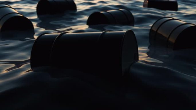 有毒的废桶在黑暗的水中游动。概念生态与地球。公海波浪上的危险桶说明了漏油对环境的污染。3d动画生态事
