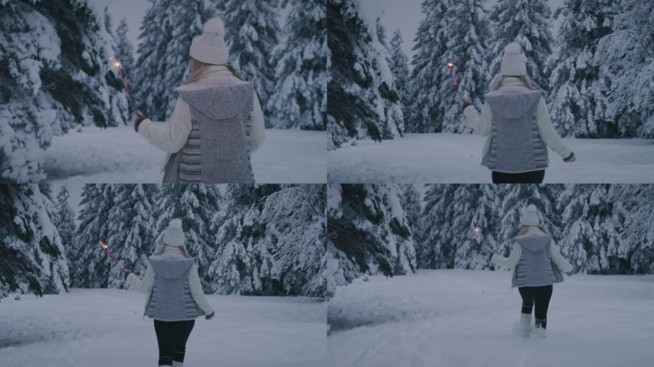女人在雪地上闪闪发光的女人的后视图