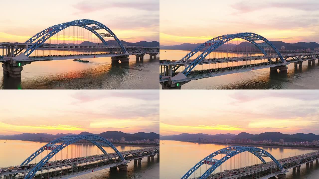 桥梁宣传片跨江大桥夕阳晚霞天空