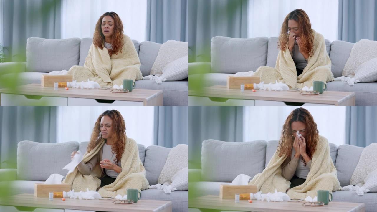 生病的女人坐在家里的沙发上打喷嚏，患感冒或流感。一名生病疲惫的年轻女子在公寓检疫时用鼻子吹鼻子，从c