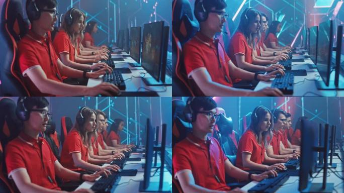 专业游戏玩家组成的多元化Esport团队在模拟RPG策略视频游戏中夺冠。时尚霓虹灯网络游戏竞技场。锦