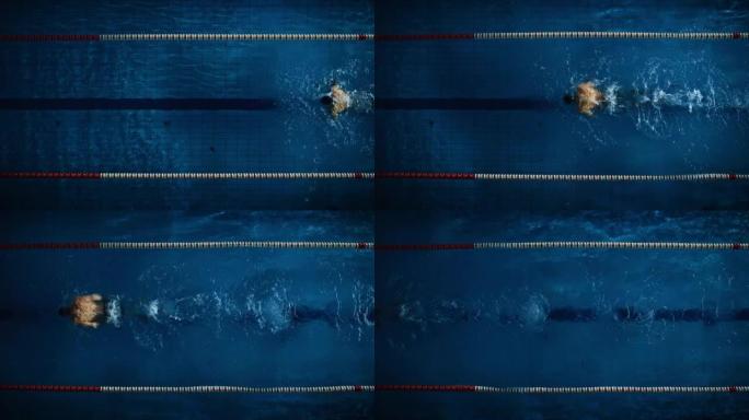 游泳池里的空中俯视图男游泳者。专业运动员训练比赛，赢得世界冠军蝶泳风格。深色戏剧色彩，电影光线，艺术