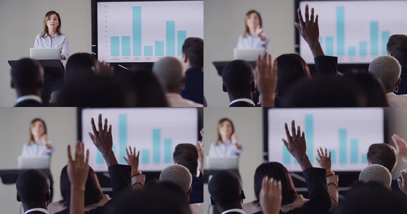 一群商人在办公室会议上举手的4k视频片段