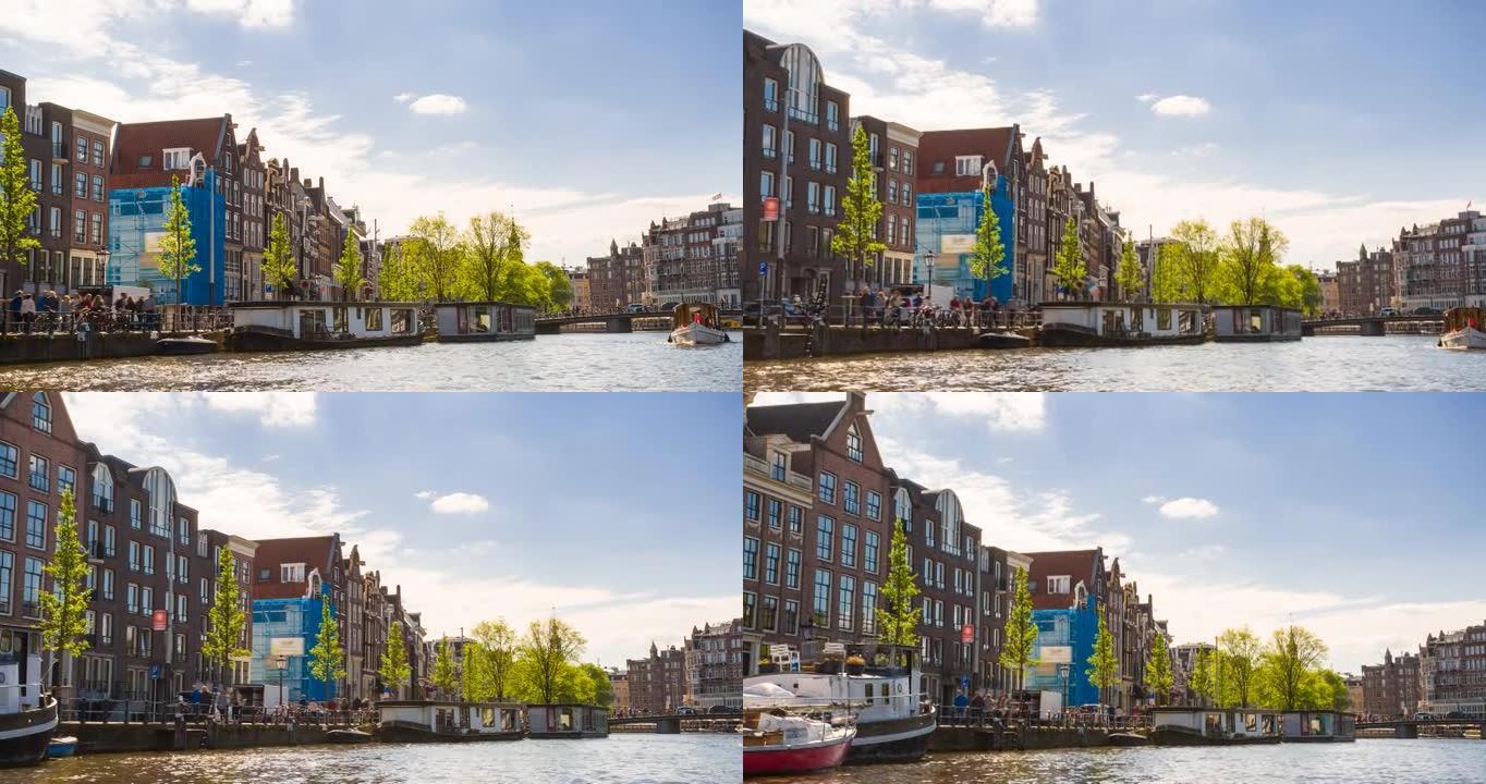 从船上看到的阿姆斯特丹城市景观，沿着运河巡游