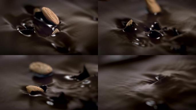 杏仁坚果在4k超慢动作中飞溅成液体巧克力