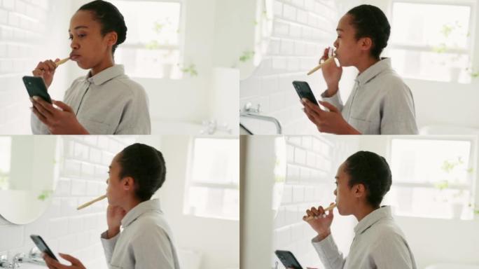 社交媒体电话，牙痛和黑人妇女在刷牙时遇到事故，在互联网上使用手机时出现牙齿紧急情况，并在早上进行卫生