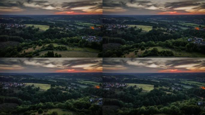 黄昏时德国Siegerland地区的乡村景观-空中拍摄