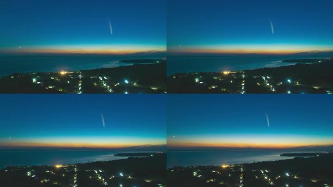 乡村美丽的夜景和坠落的彗星。超失效