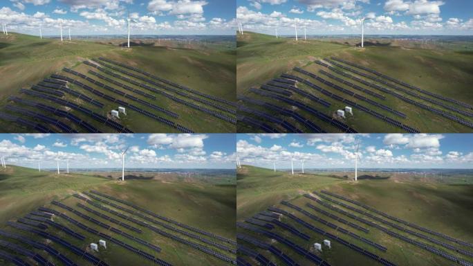 草原上风力涡轮机农场和太阳能电池板的鸟瞰图