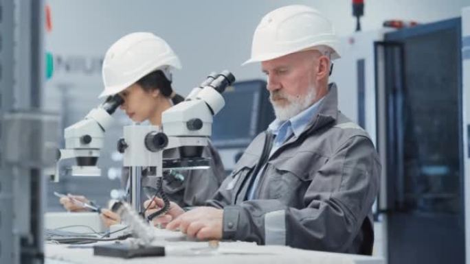 中年工业科学家和年轻的亚洲工程师在工厂的办公桌上工作，使用显微镜处理小型制造生产零件和细节。